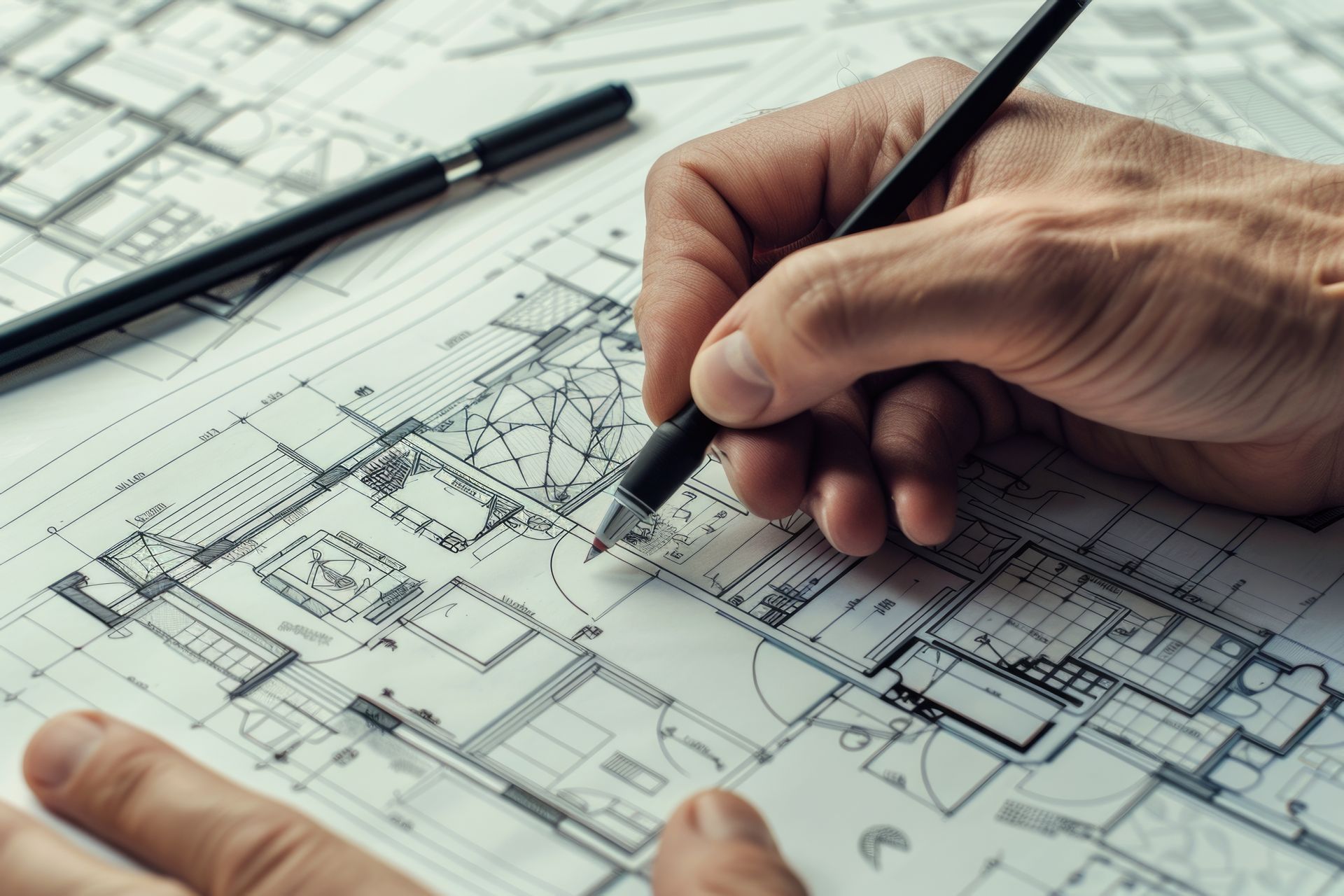 A person is drawing a house plan with a pencil.