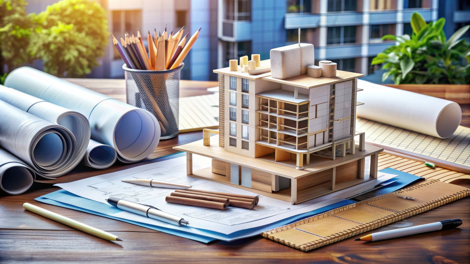A model of a building is sitting on top of a wooden table.