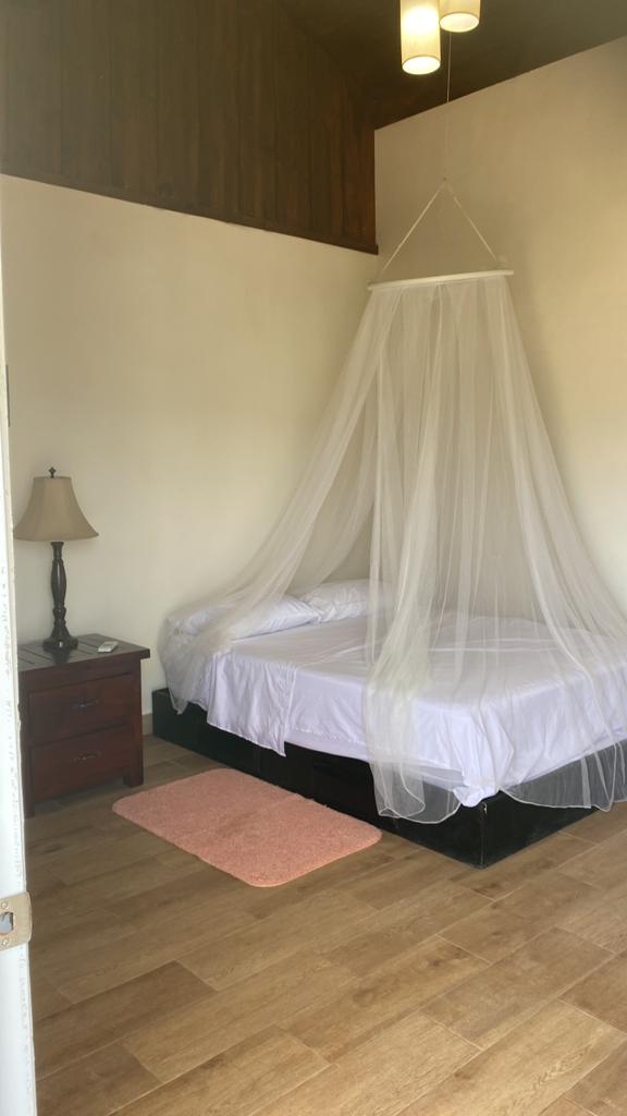 A bedroom with a canopy bed and a lamp.