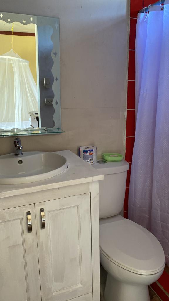 A bathroom with a toilet , sink , mirror and shower curtain.