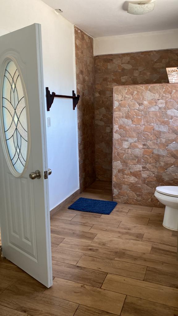 A bathroom with a toilet , shower , and wooden floor.