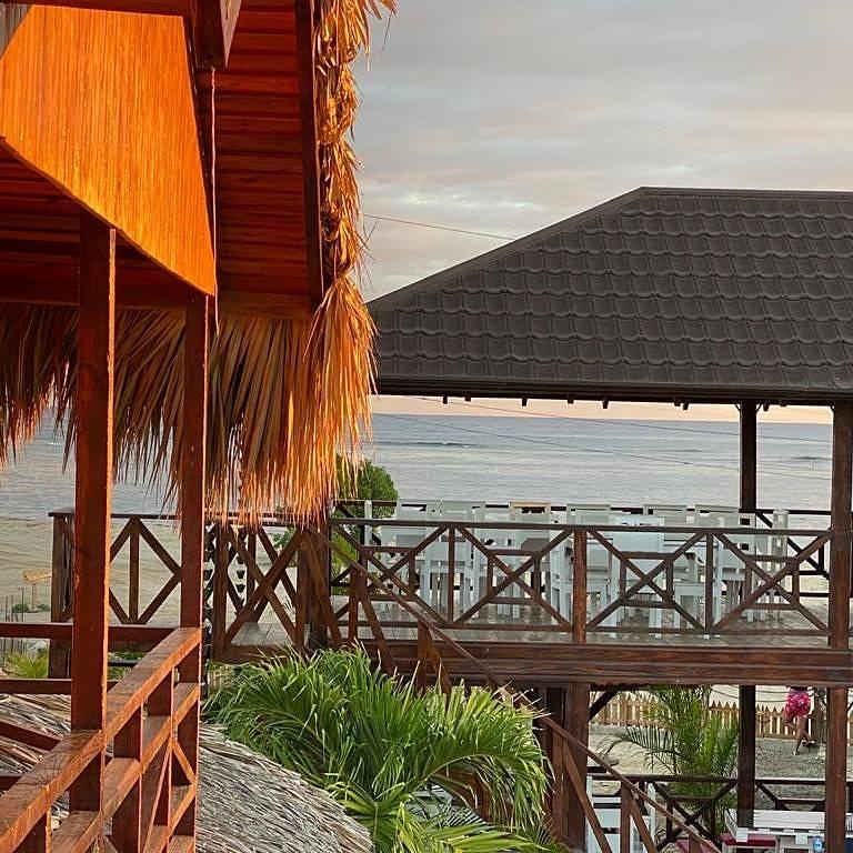 A wooden deck overlooking the ocean with a thatched roof