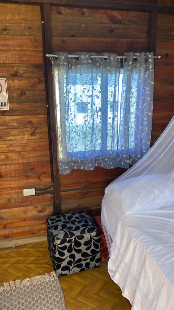 A bedroom with a bed and a window with a mosquito net.