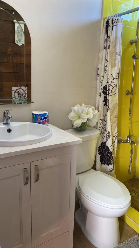 A bathroom with a toilet , sink and shower.