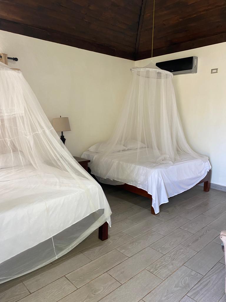 A bedroom with two beds and a canopy bed