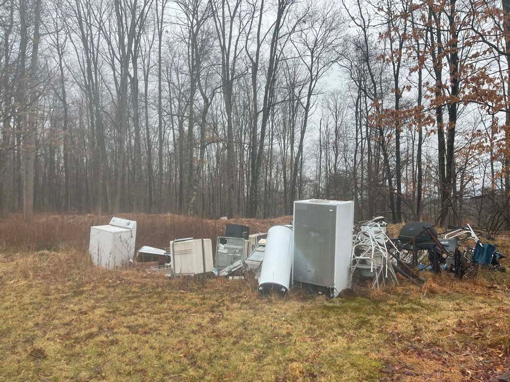 A pile of junk is sitting in the middle of a field in the woods.