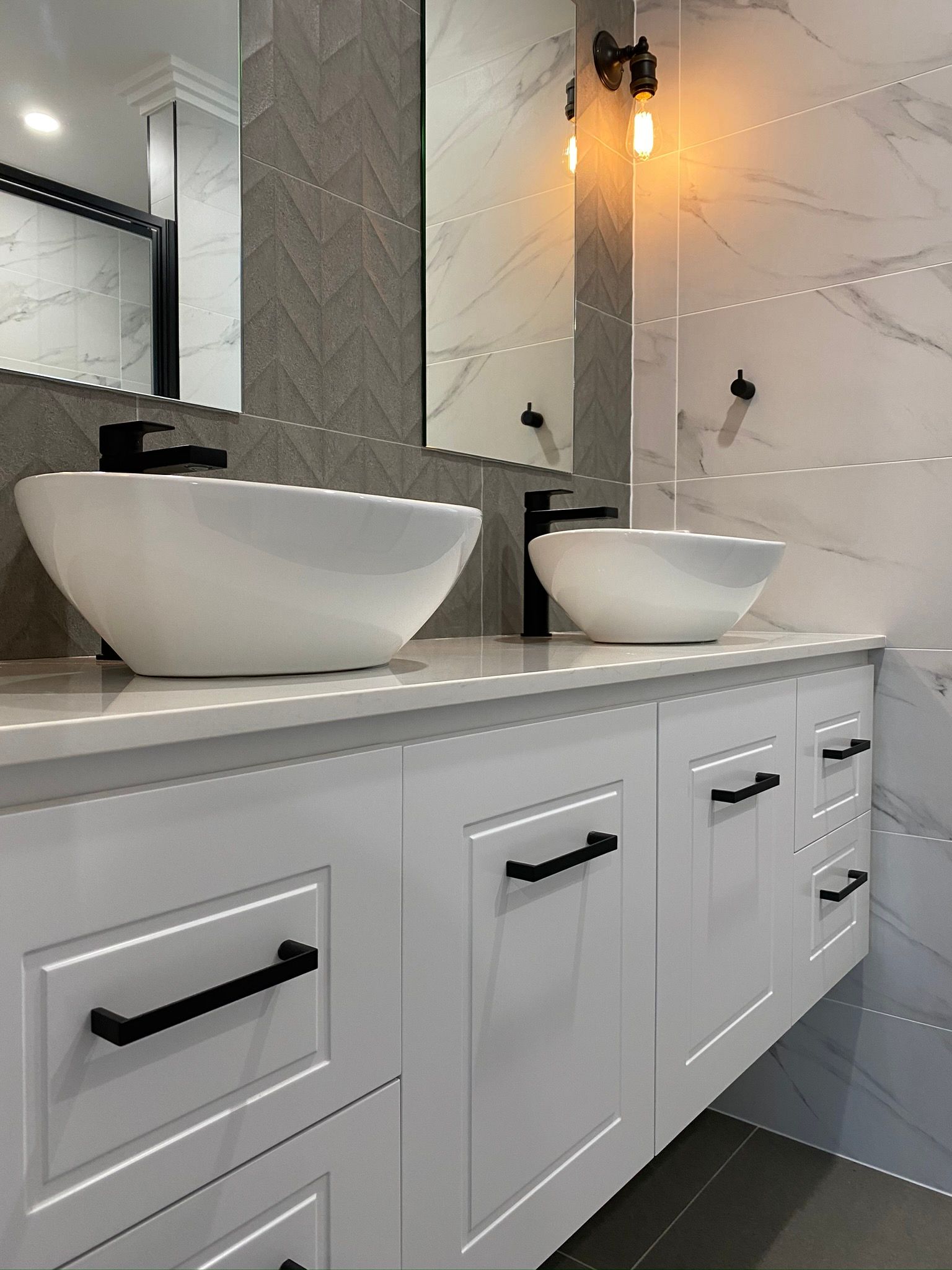Bathroom Interior With Two White Washbasin — Kitchen Renovations in Dubbo, QLD