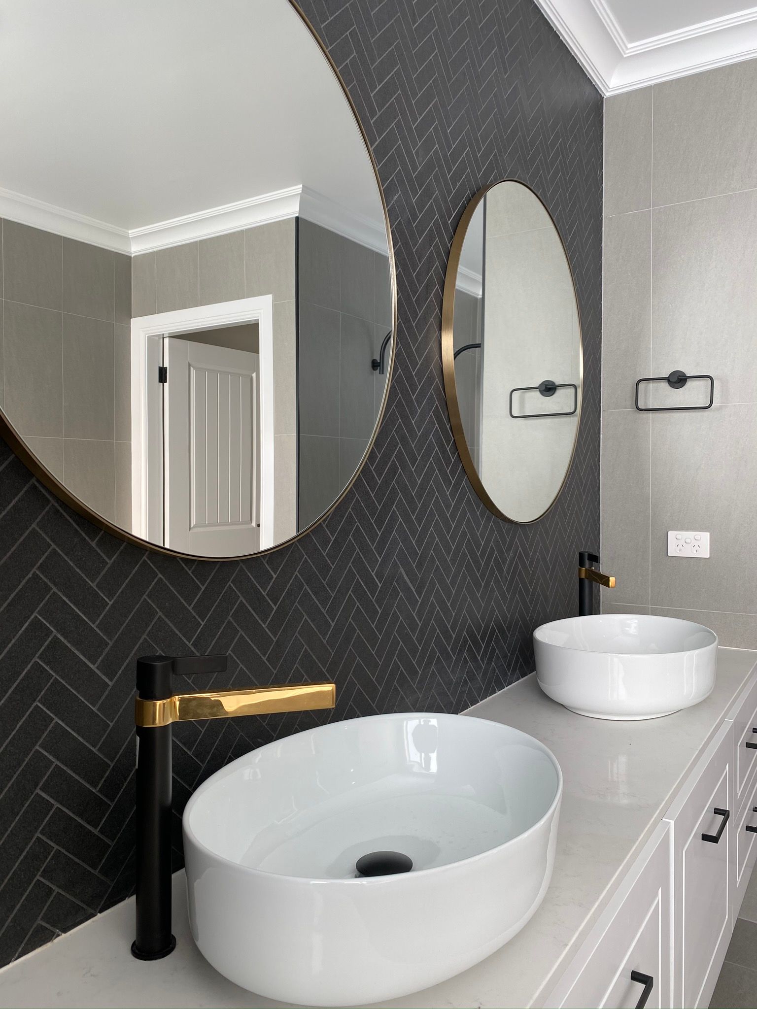 Side View of Two Sink and Mirror in Bathroom — Kitchen Renovations in Dubbo, QLD