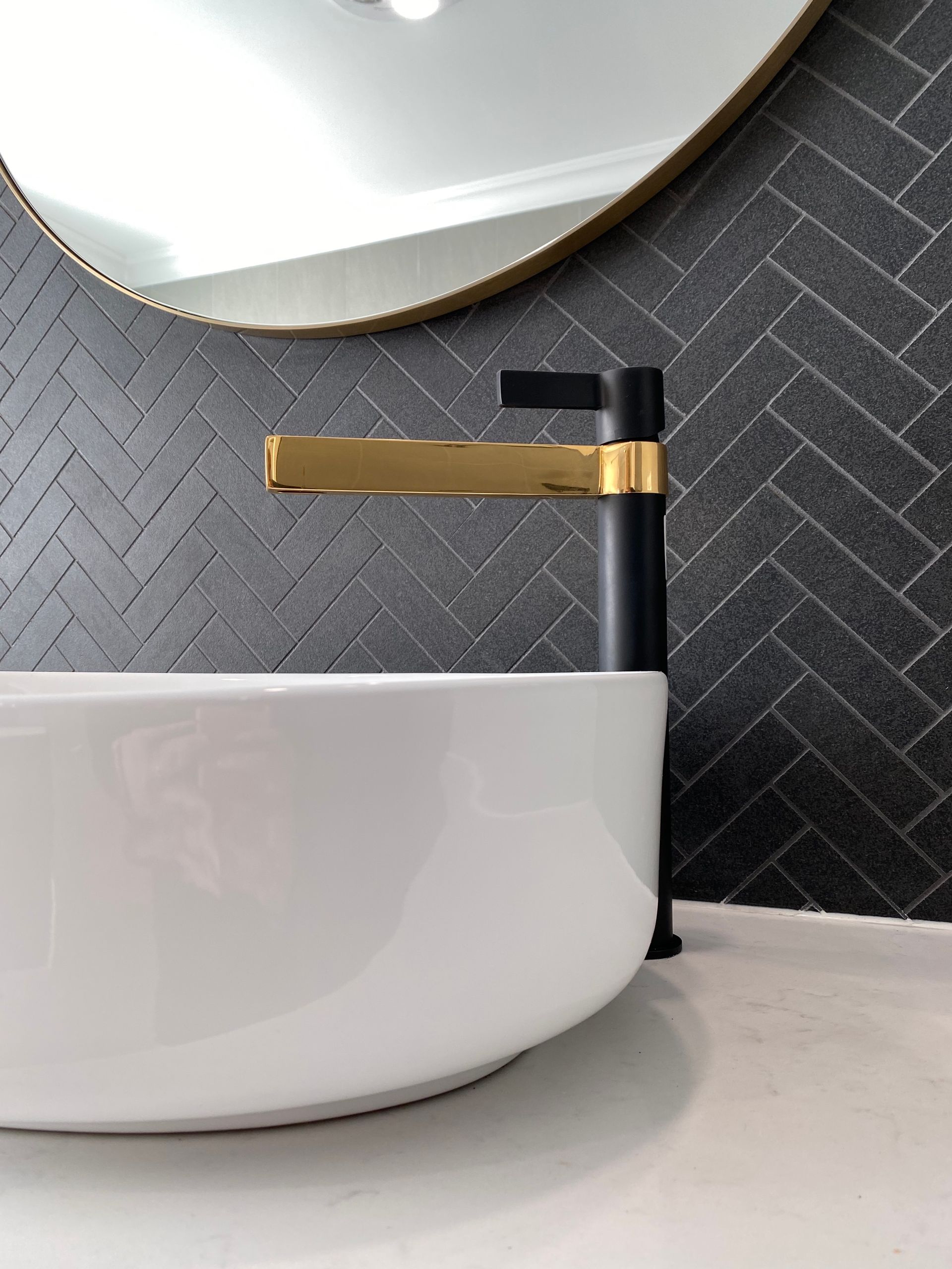 White Sink With Black and Gold Faucet — Kitchen Renovations in Dubbo, QLD