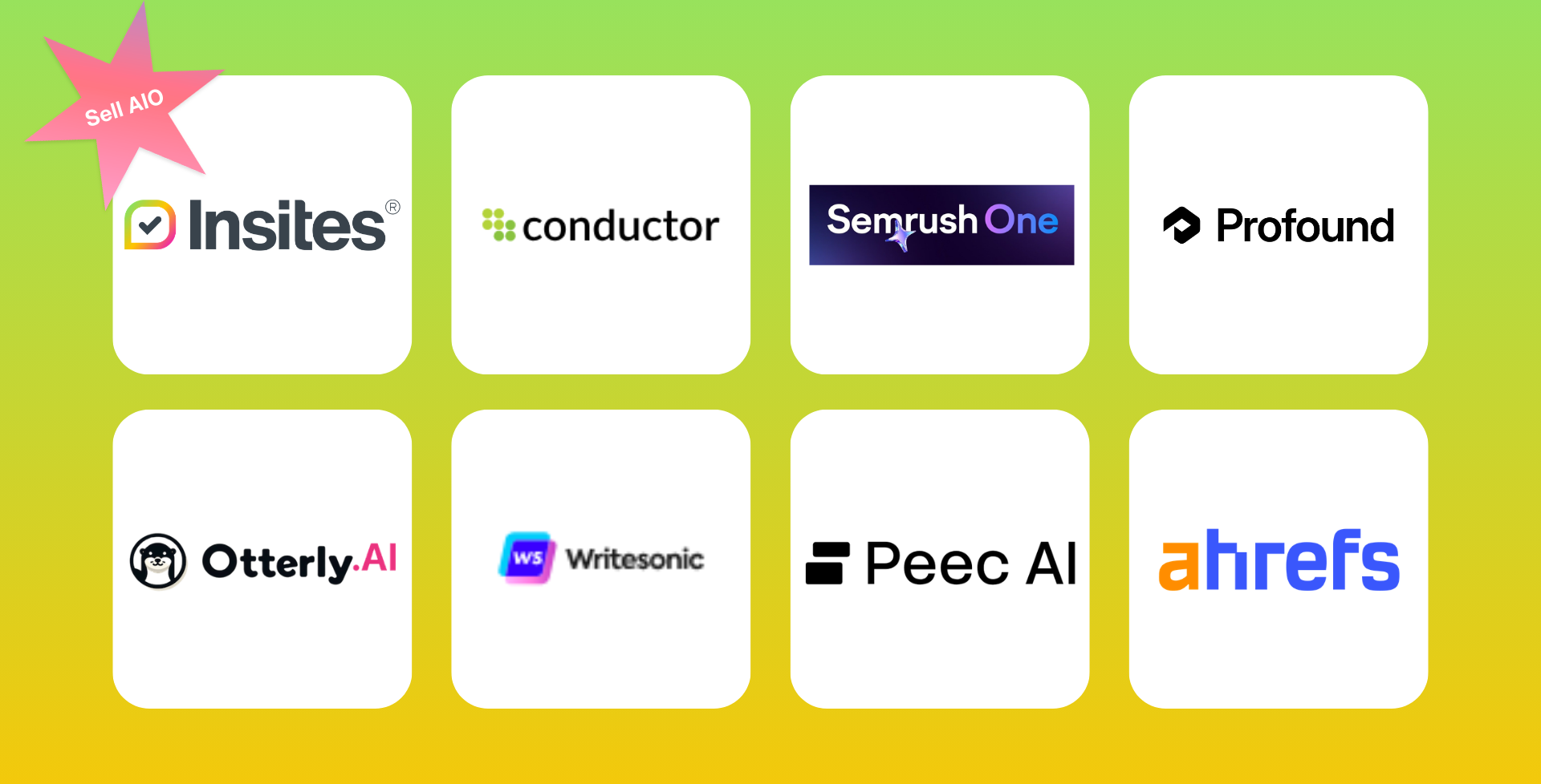 Logos of eight SEO software tools: Insites, Conductor, Semrush One, Profound, Otterly AI, Wixmania, Peec AI, and Ahrefs.