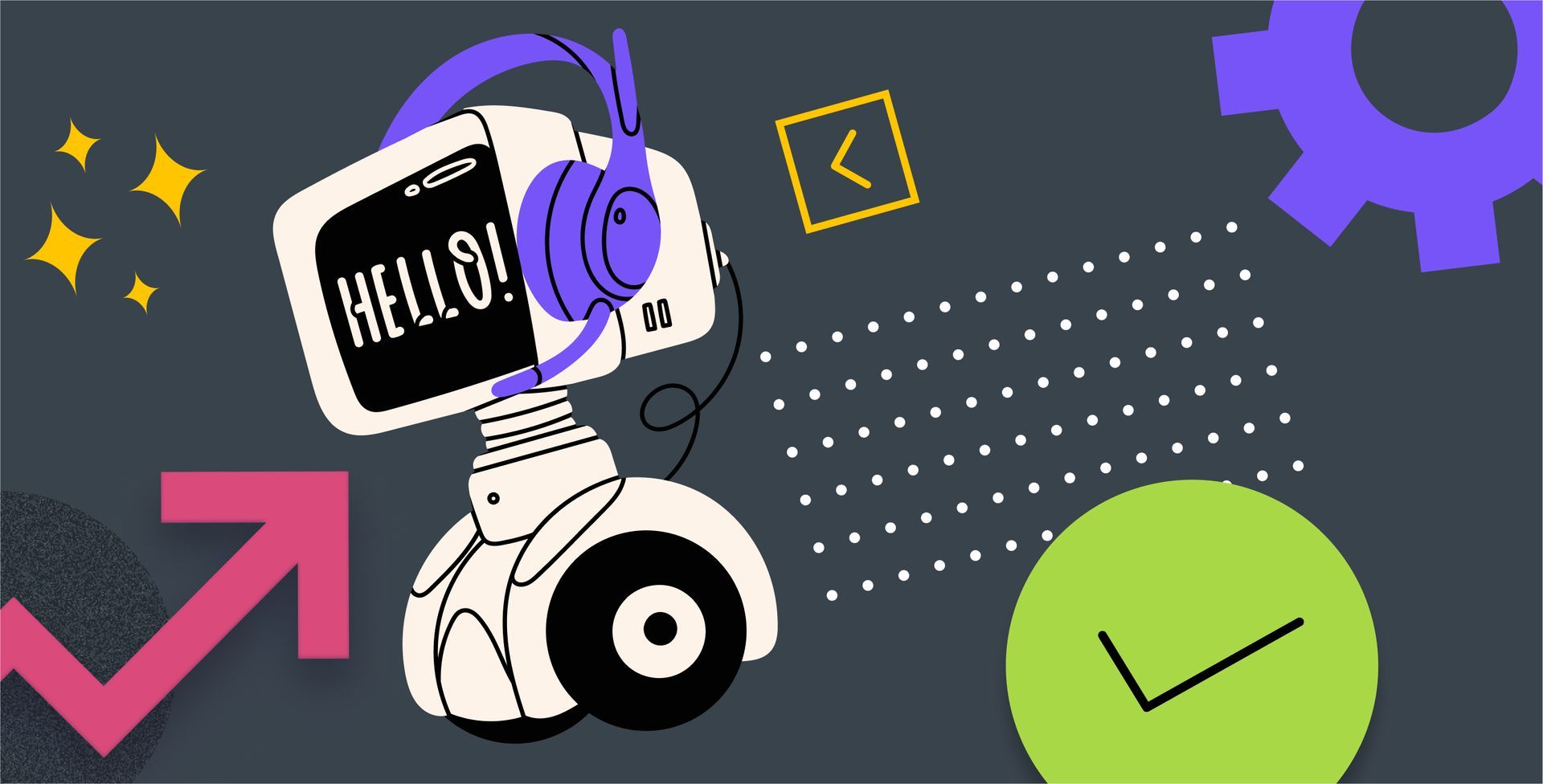 A cartoon illustration of a robot wearing headphones and saying hello.