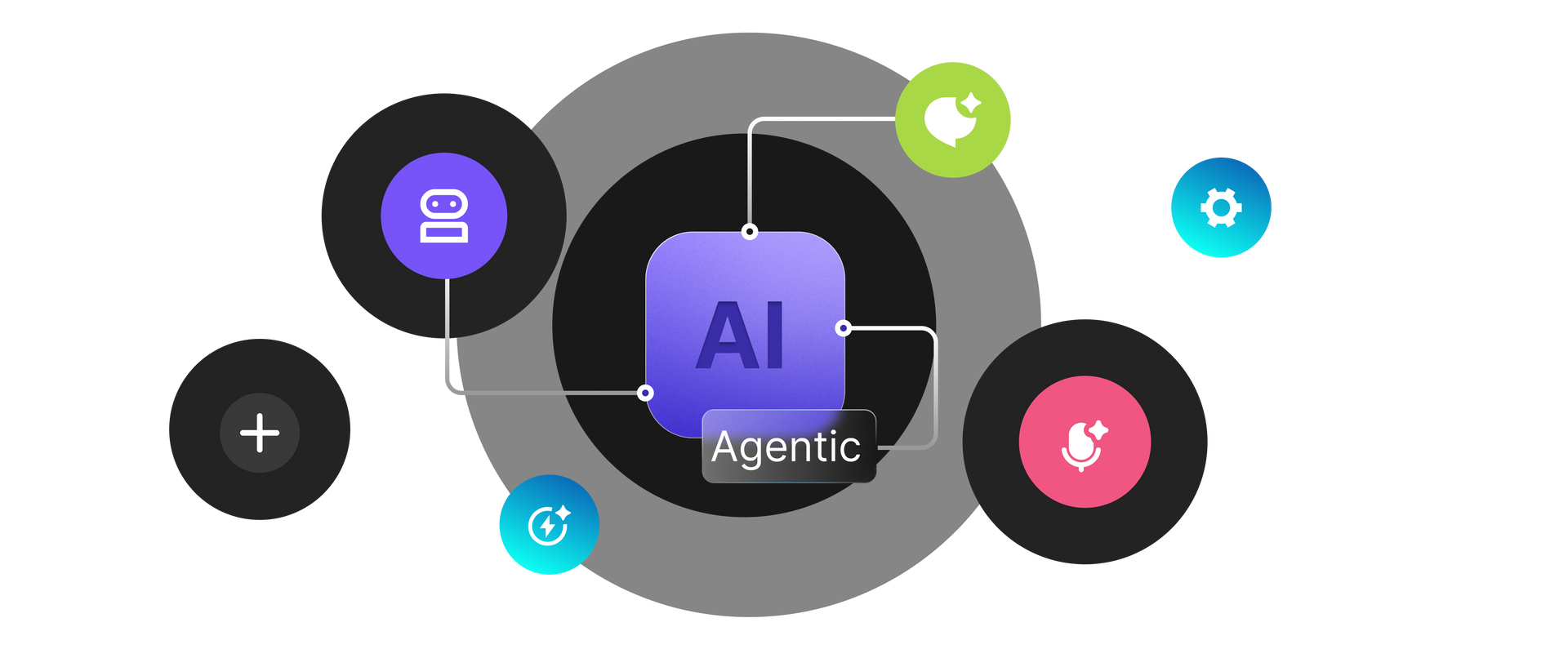 Graphic illustrating AI with interconnected icons in various colors.