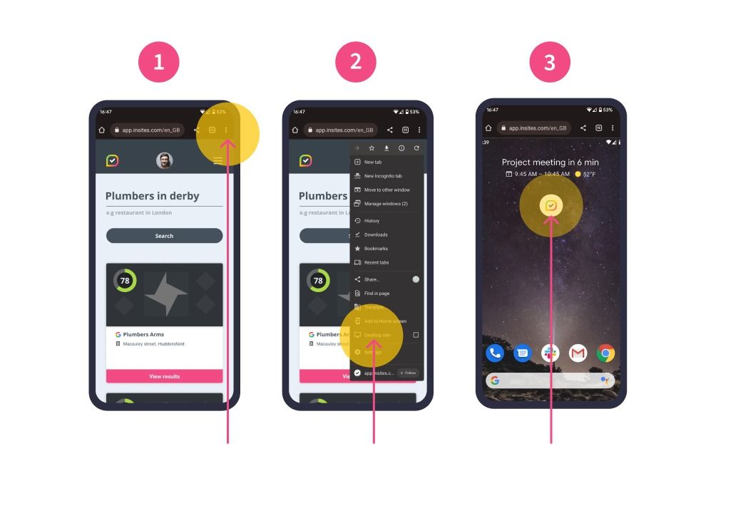 Three screenshots of a cell phone showing how to use the app.