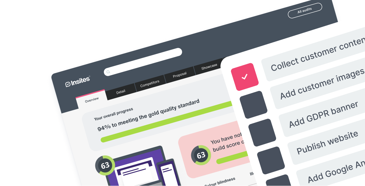 The Insites user interface for tracking the build project with a tick list for tasks including:
- Collect customer contract
- Add customer image
- Add GDPR banner