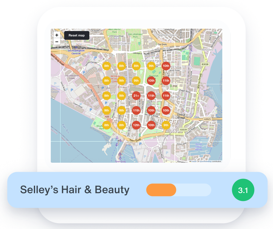 Map with coloured markers indicating business density for Selley's Hair & Beauty.