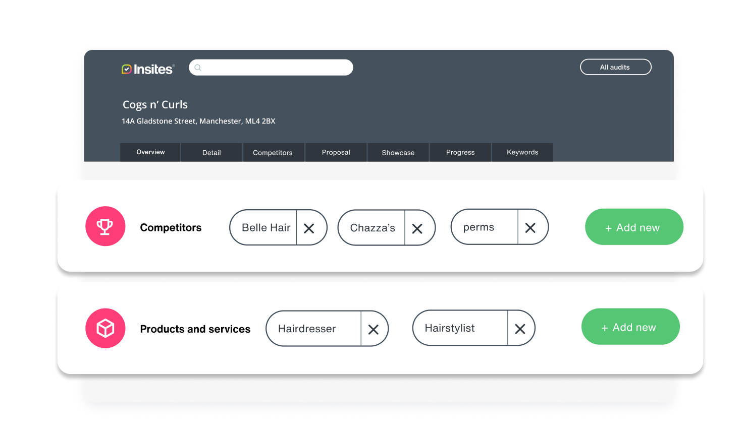 An image of the interface that allows you to add suggested competitors, products and services