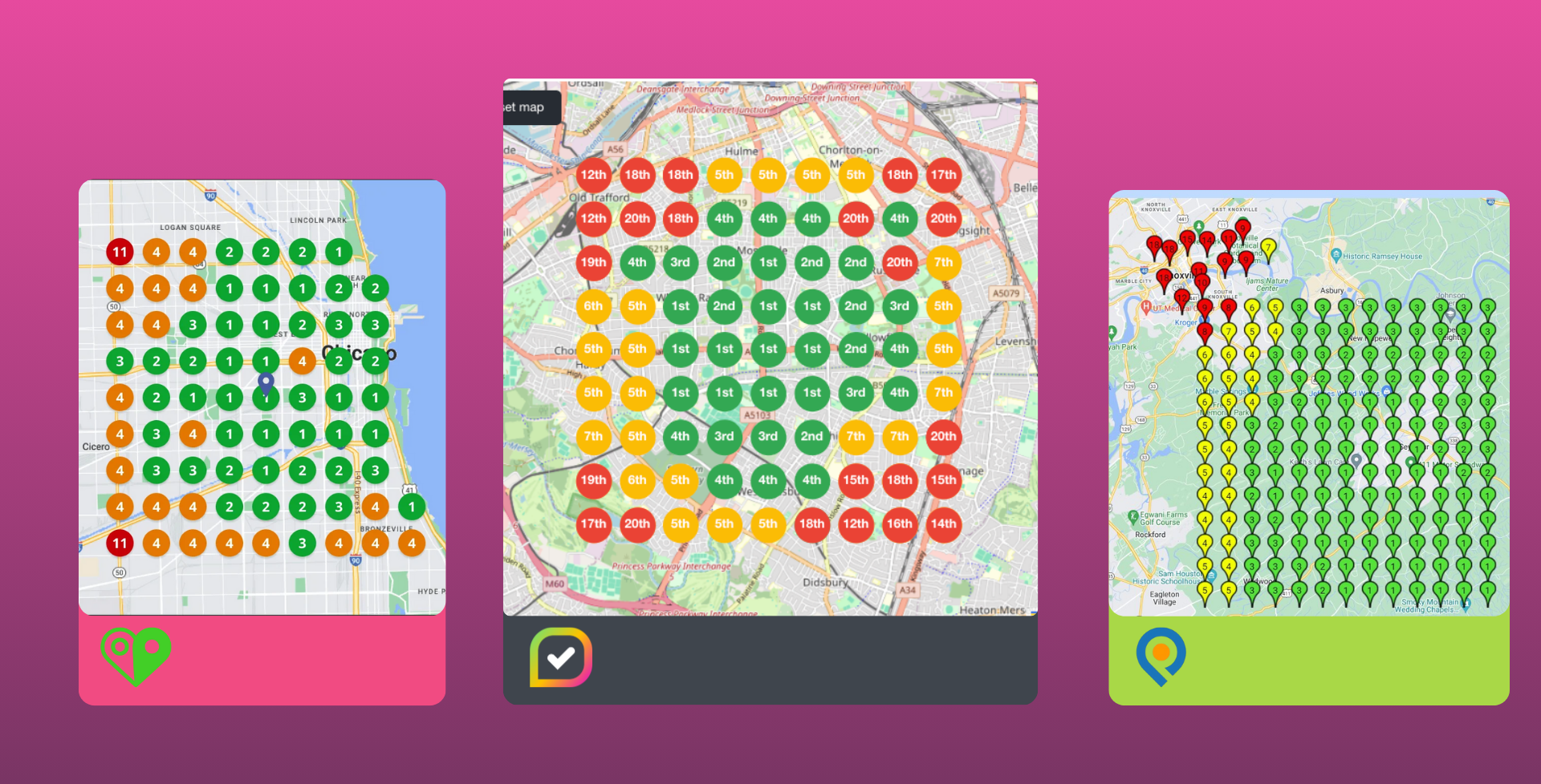 Three maps with colored markers showing data points. Green, yellow, and red represent different values.