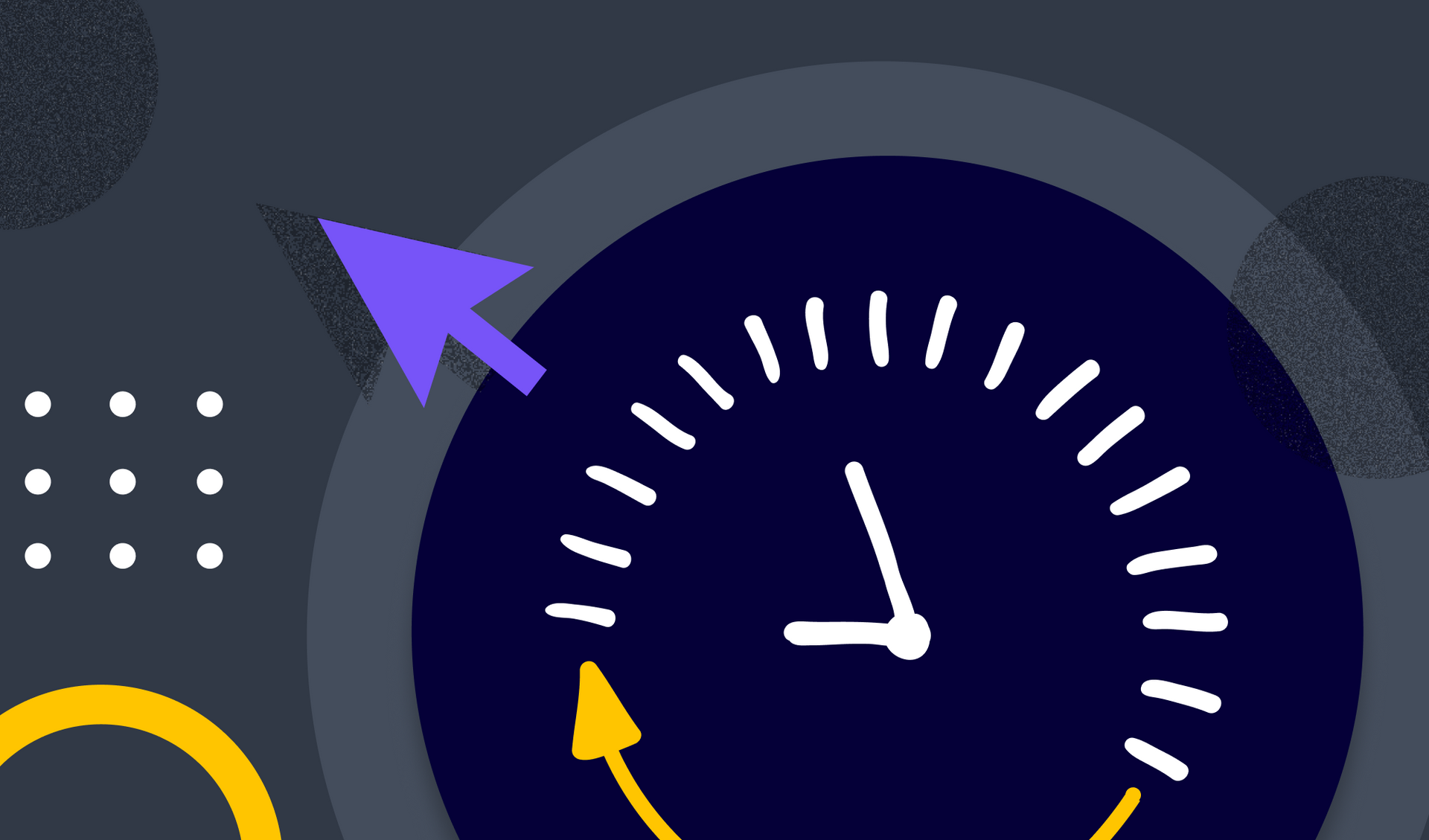 An illustration of a clock with a purple arrow pointing to it.