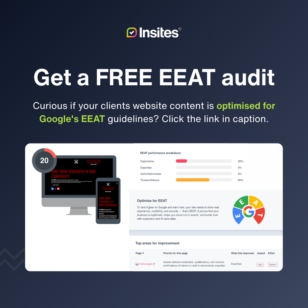 Showing what it looks like when you download a free EEAT audit. It shows the score of a business, how they rank for experience, expertise, authoritativeness and trust.  