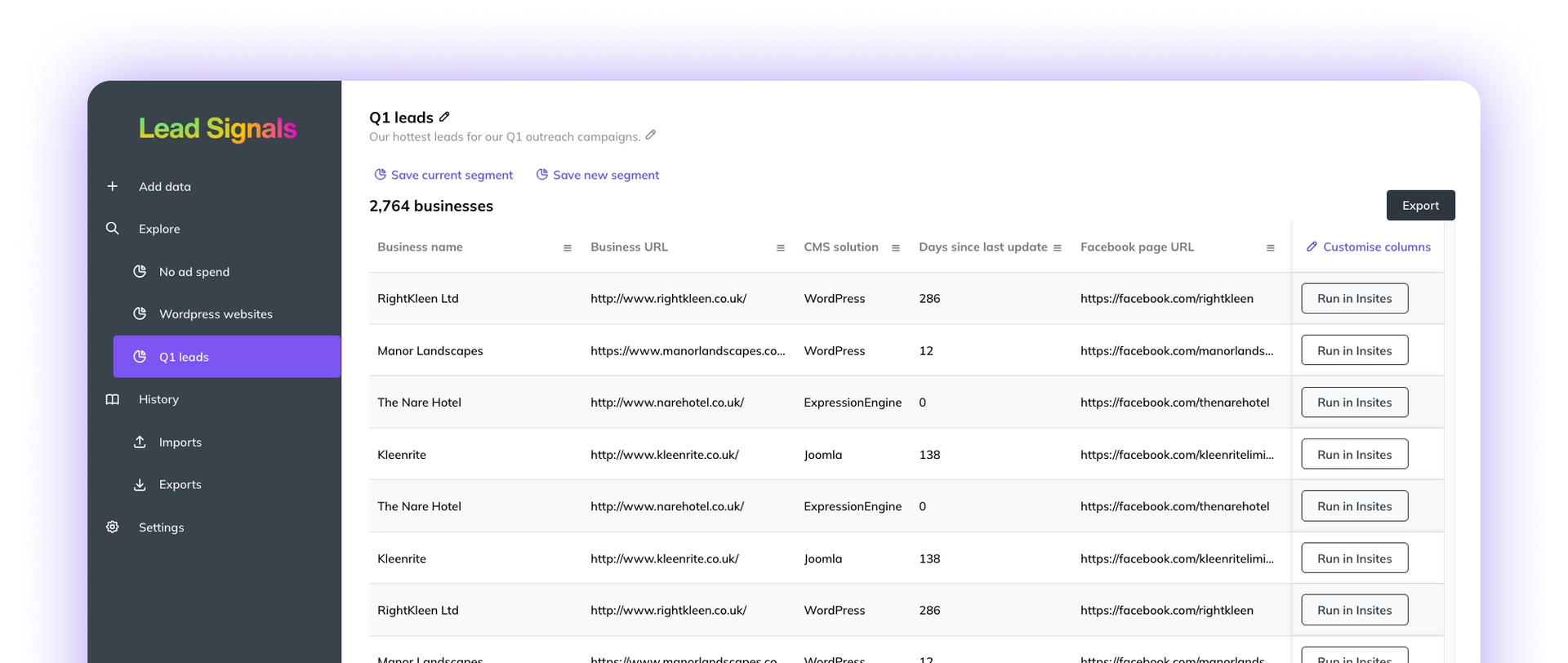 Screenshot of Lead Signals tool with leads shown, with what CMS they are using, what their Facebook page URL is and how many days since last update