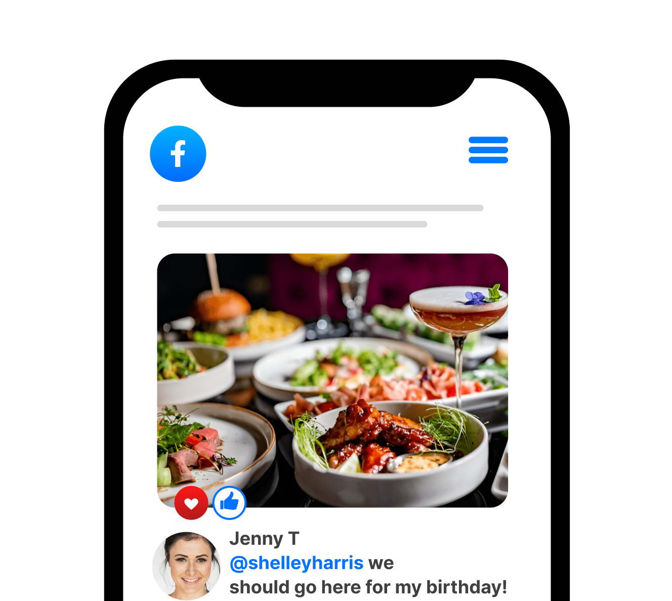 Smartphone displaying a Facebook post about a restaurant, featuring food and a comment suggesting a birthday visit.