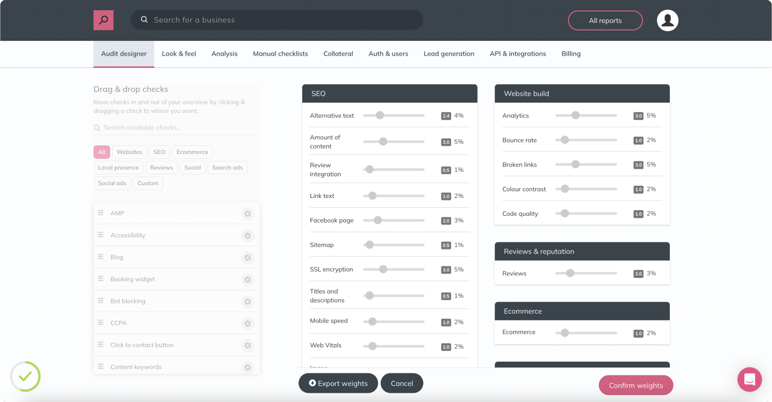 A screenshot showing how to change the weighting and importance of checks within Insites.