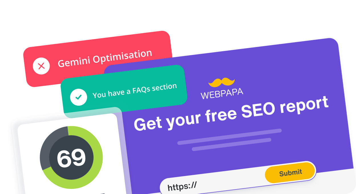 An example of what the free SEO audit could look like, with an agency's branding white-labelled and some examples of the check:
- Red cross for Gemini optimisation
- Green tick for you have a frequently asked questions section
- A score of 69