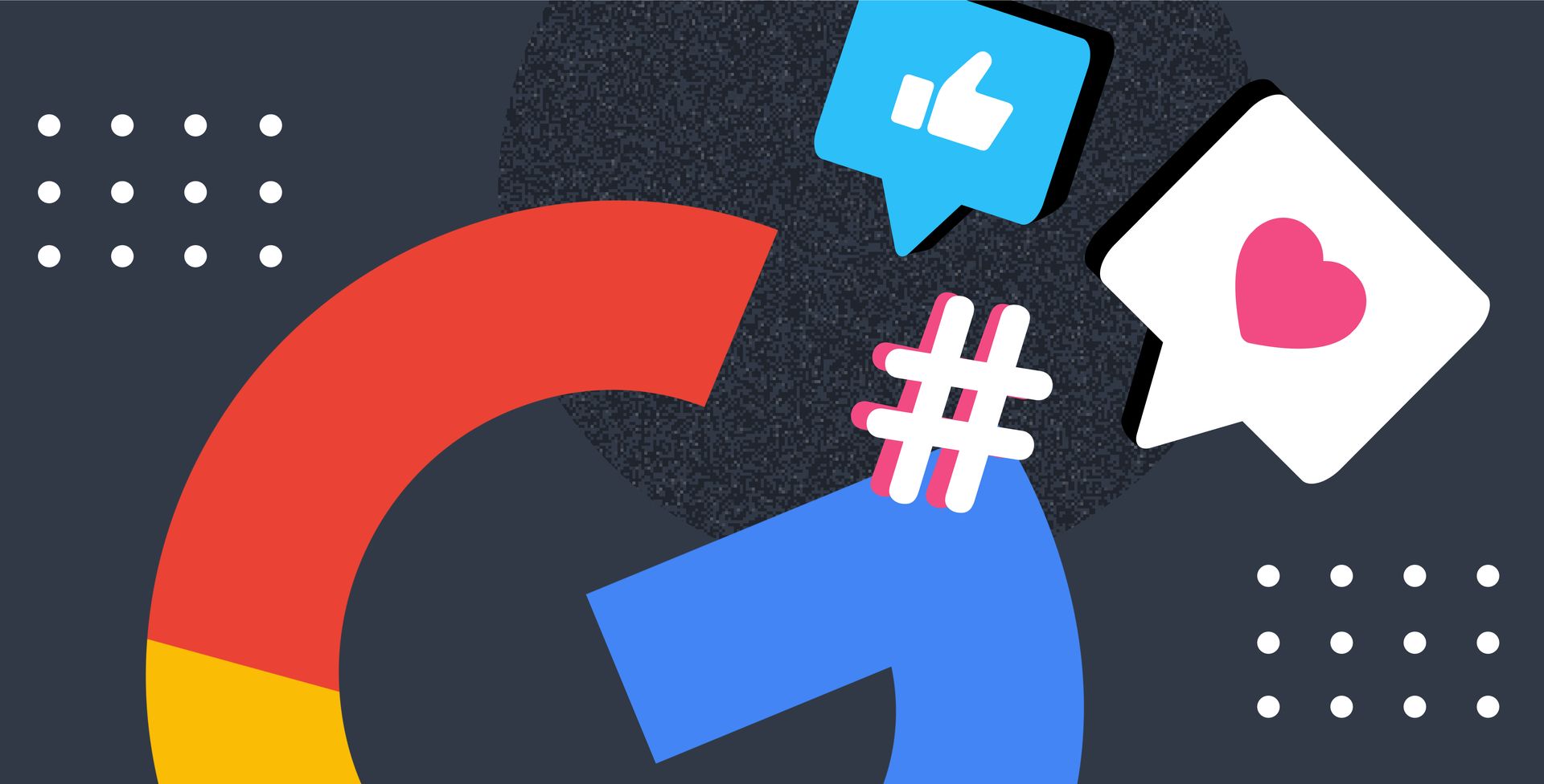 A google logo with social media icons surrounding it.