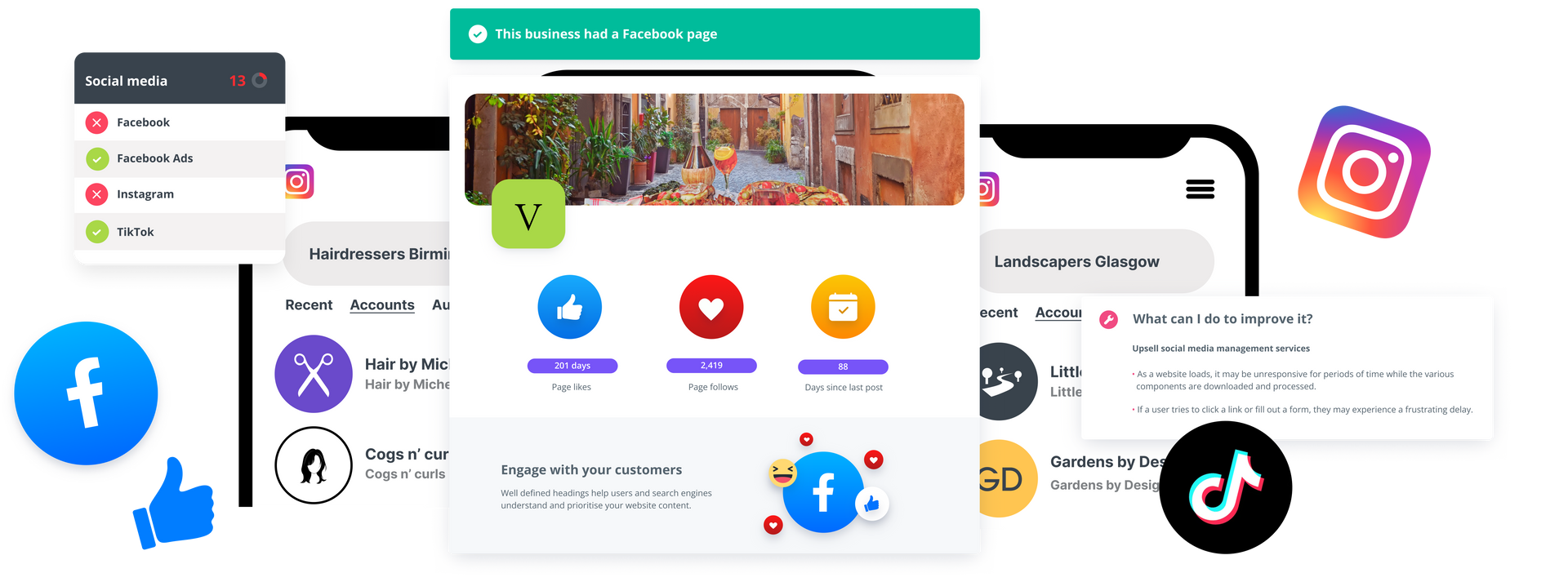Screenshots of various social media platforms with logos: Facebook, Instagram, and TikTok, with a central app interface.
