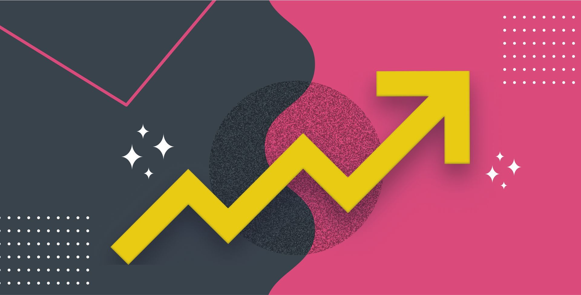 An illustrated yellow arrow is pointing up on a pink and black background to demonstrate an increase to demonstrate sales increase.