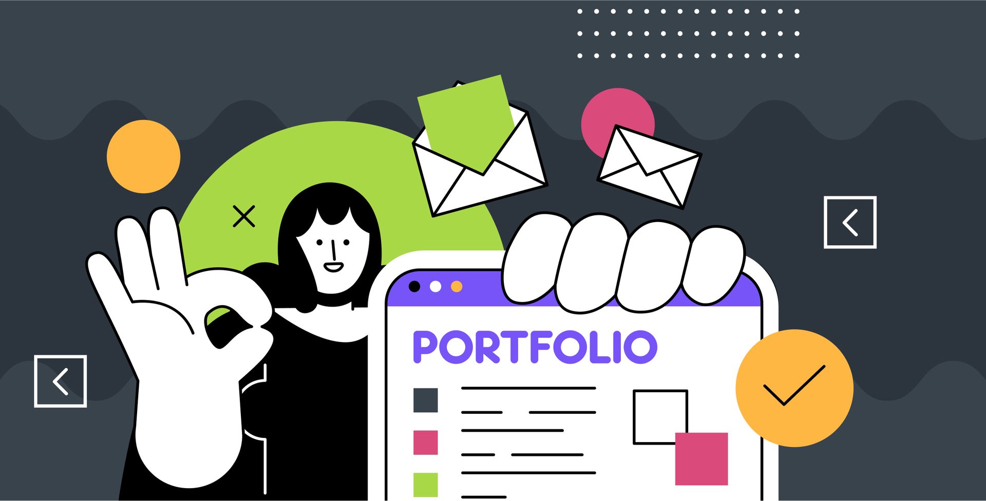 An illustration of a woman giving an ok sign next to a phone with the word portfolio on it.