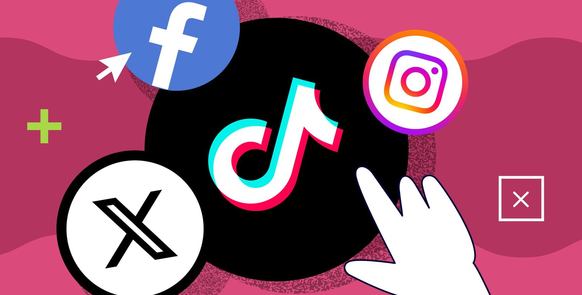 A cartoon hand is reaching for a tiktok logo on a pink background.