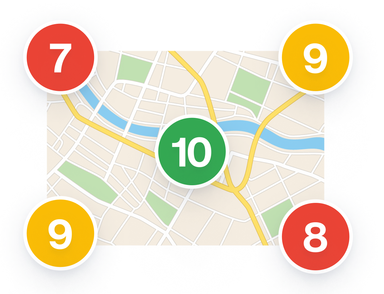 A map with numbers in circles dotted across to demonstrate local listing scores.