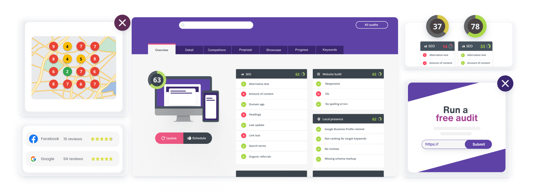 Image of Insites for local marketing agencies, showing an insites Local Grid and the ability for customers to run a free SEO audit.