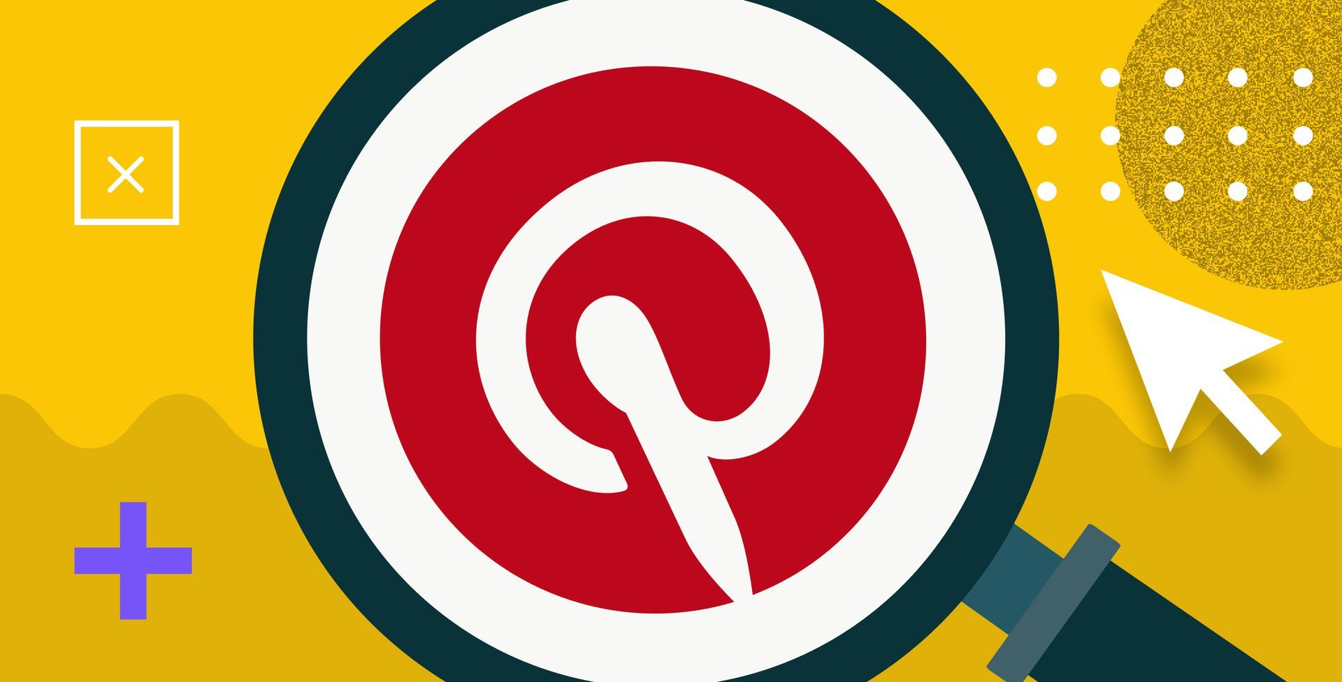 An illustrated magnifying glass is looking at a pinterest logo on a yellow background.