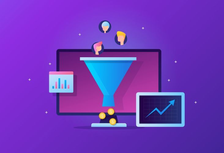 An illustration of a computer screen with a funnel and a graph on it to demonstrate lead generation.