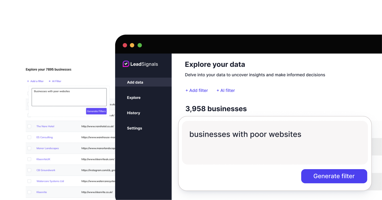 The UI design of lead signals, with an example filter for finding 