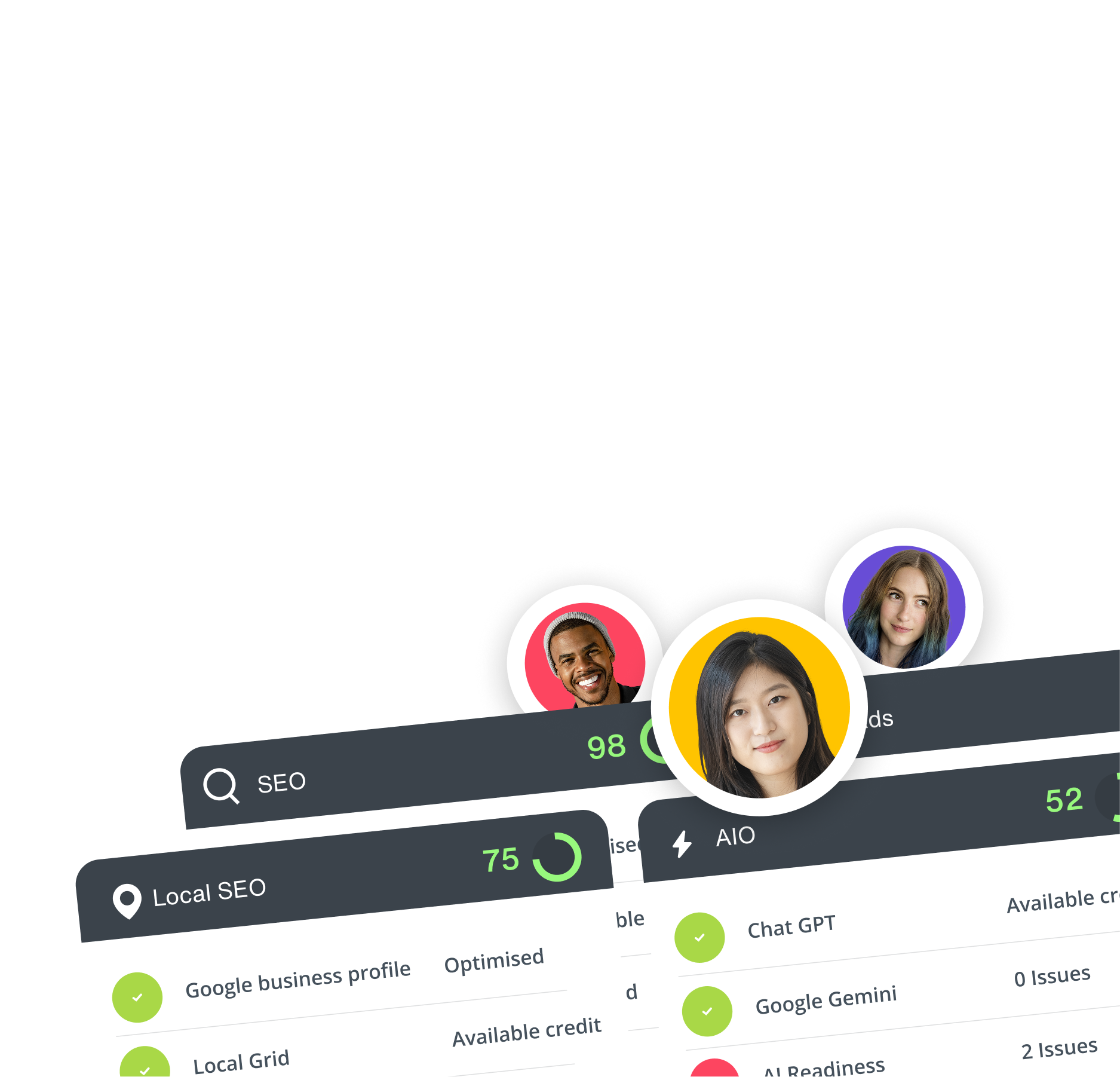 Some of the Insites checks, including our SEO, local SEO, and AIO checks, with Green ticks for Google business profile, local grid, ChatGPT and Google Gemini, and some faces that represent the sales team. 