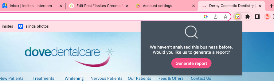 Screenshot of Insites Chrome extension showing the state when a business has not been audited