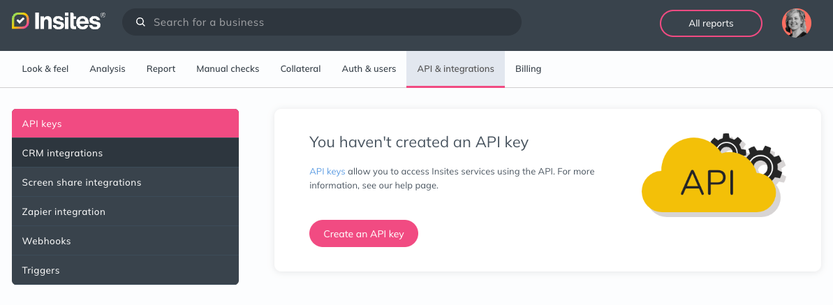 The API key dashboard in Insites.