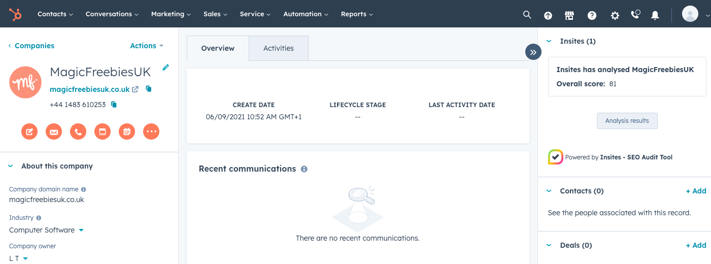 A screenshot of the Insites Hubspot integration.