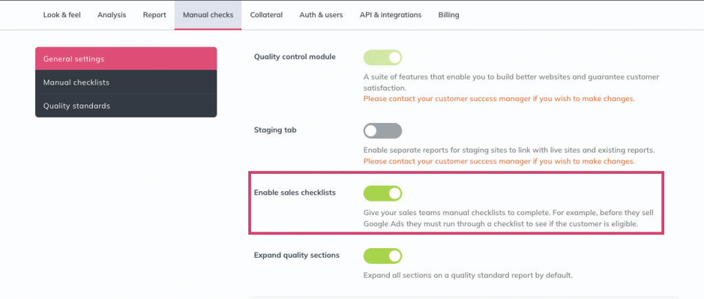 A screenshot of the Manual Checks filters on the Insites platform, showing where to find 'enable sales checklists.