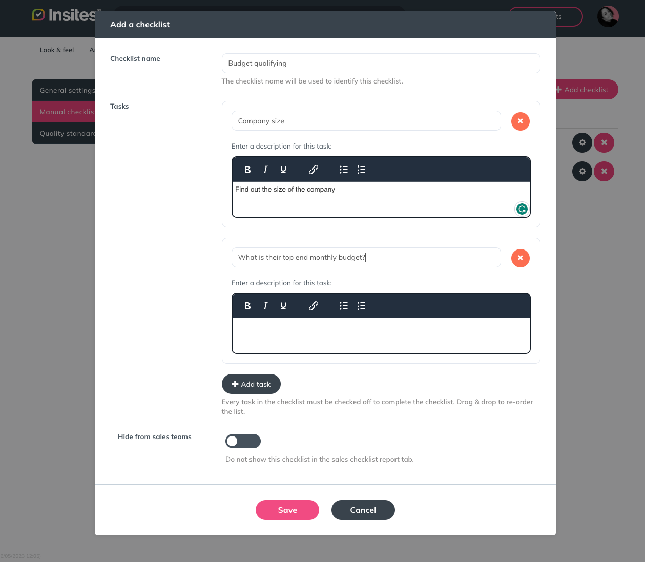 A screenshot of a web page with a form checklist, showing how to add manual checklists within the Insites platform.