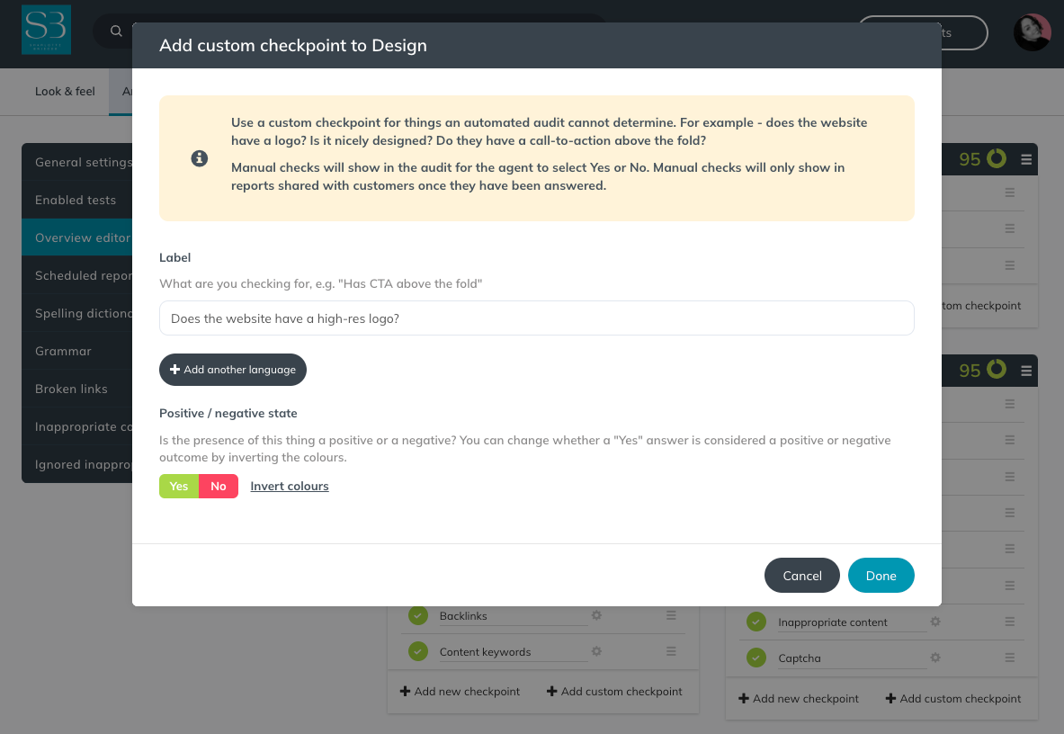 A screenshot of an Insites report which demonstrates how to use manual checks, specifically how you would add or remove manual checks.