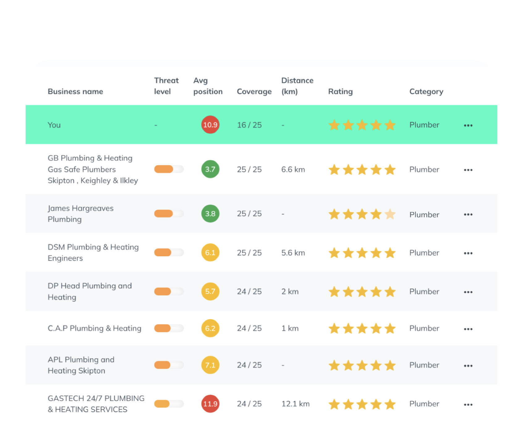 An example of how the Local Grid table looks, with in-depth details from local competing businesses.