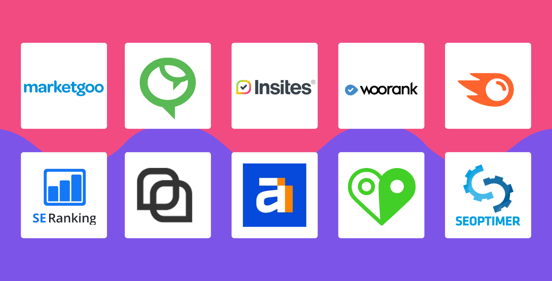 Logos of ten SEO tools arranged in two rows on a pink and purple background.