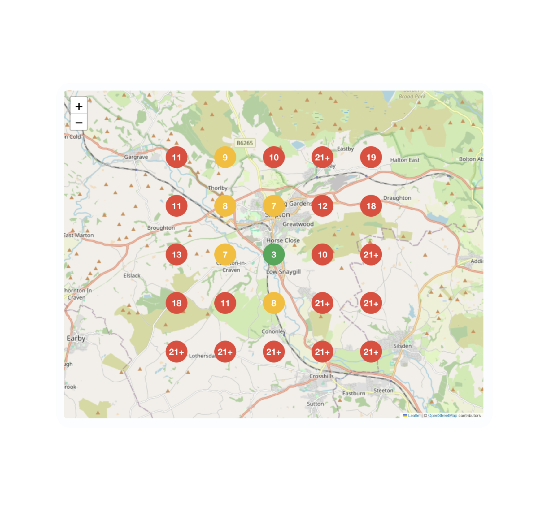 A map of a city with red yellow and green circles with numbers inside to demonstrate the scores for businesses based on local SEO.