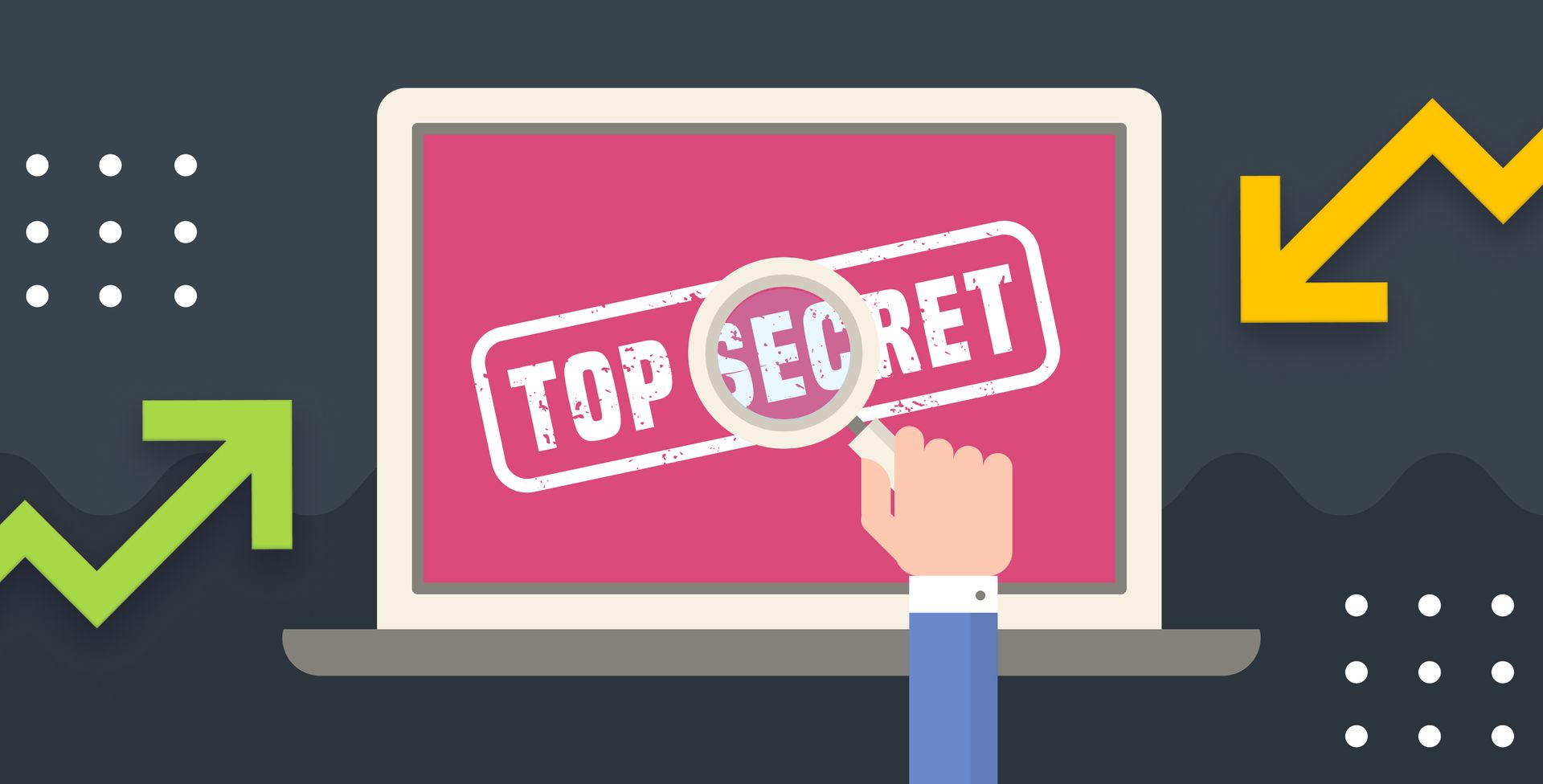 A hand is holding a magnifying glass over a laptop screen that says top secret.