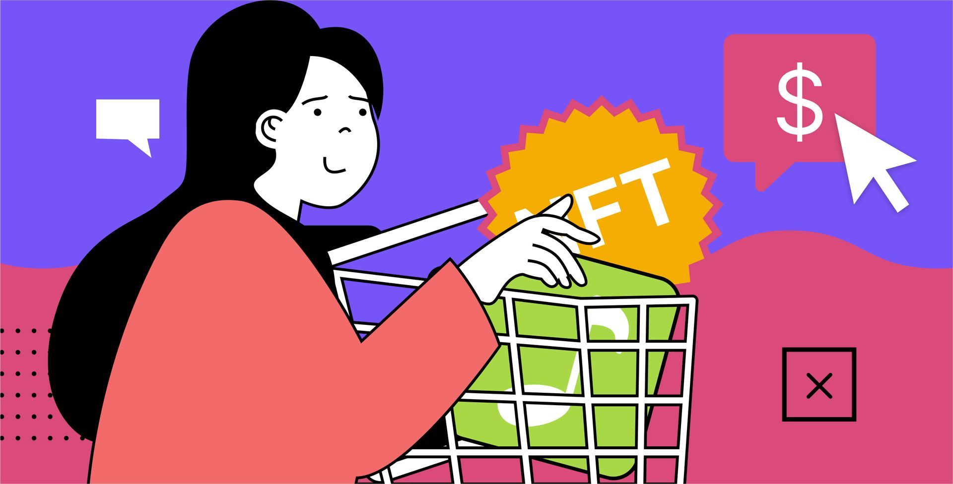 A cartoon of a woman is pushing a shopping cart with a price tag on it.