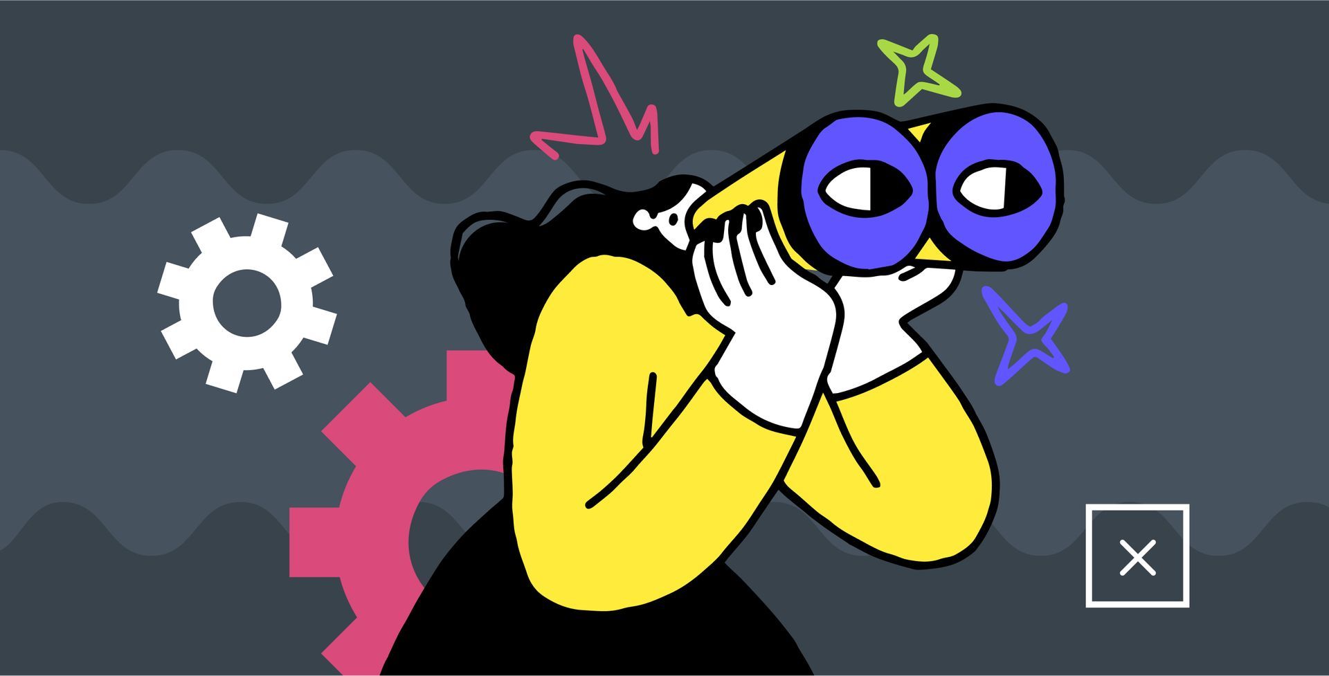 A cartoon of a person looking through binoculars.